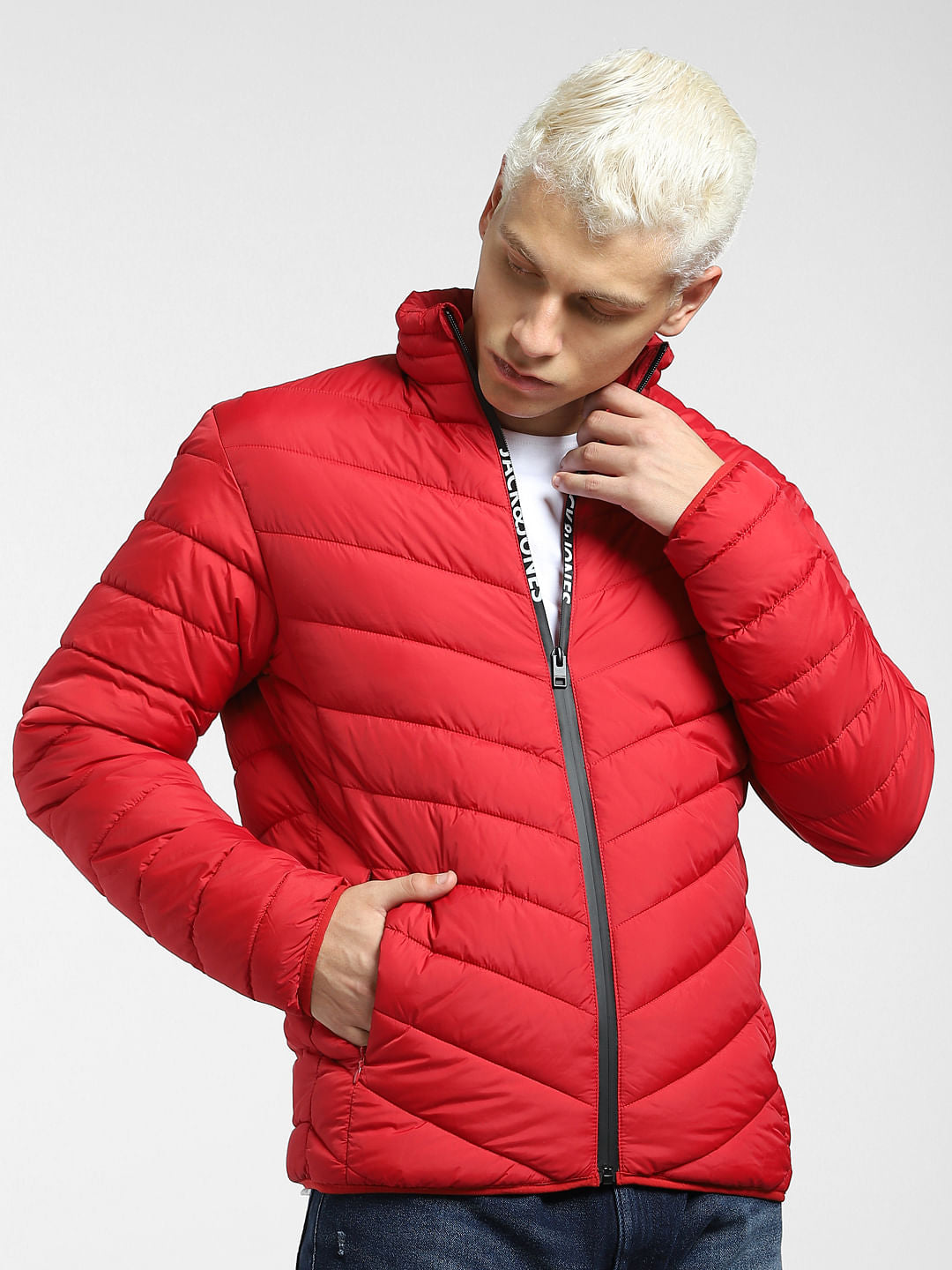 Red Logo Print Puffer Jacket
