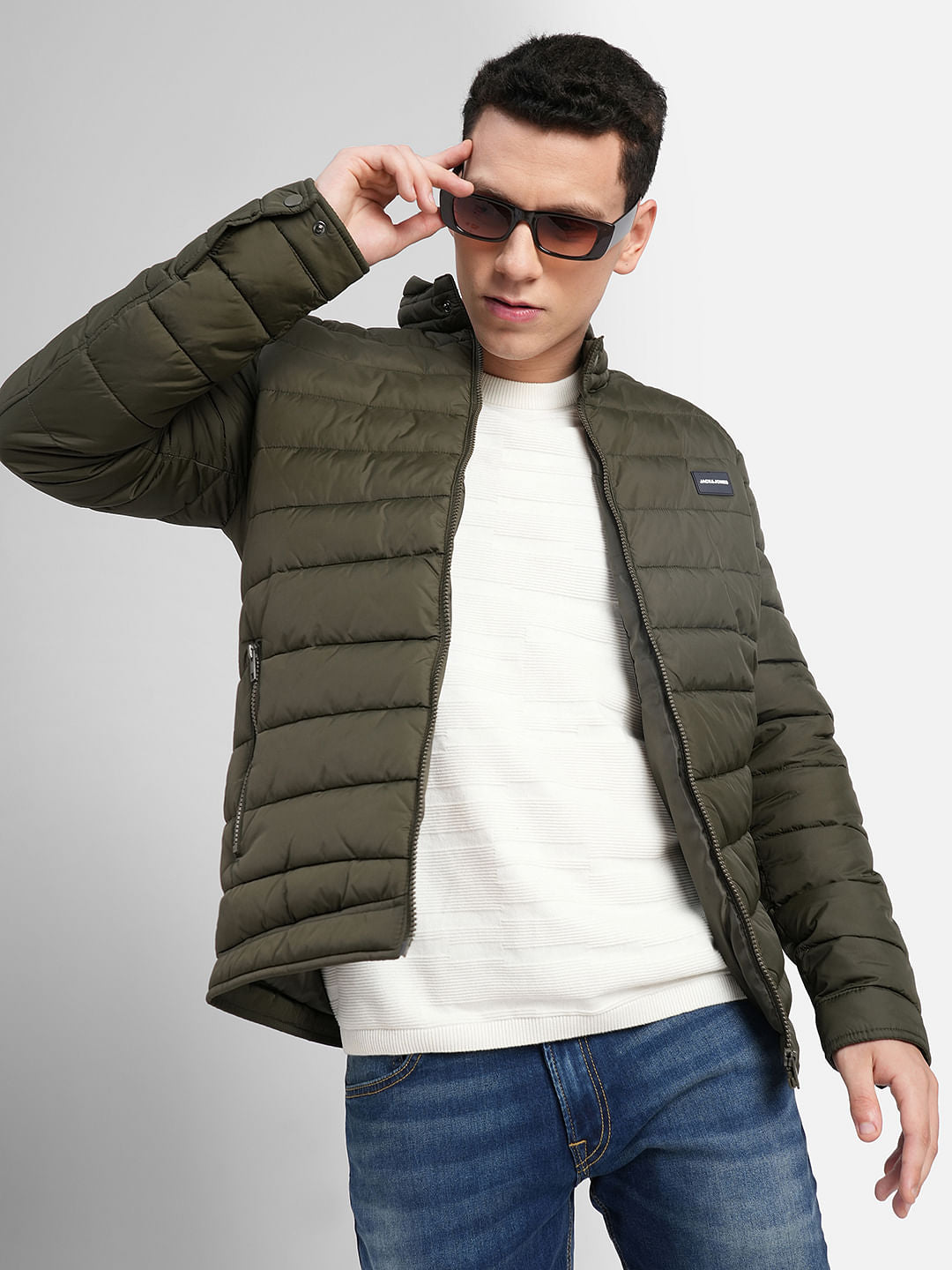 Olive High Neck Puffer Jacket - S