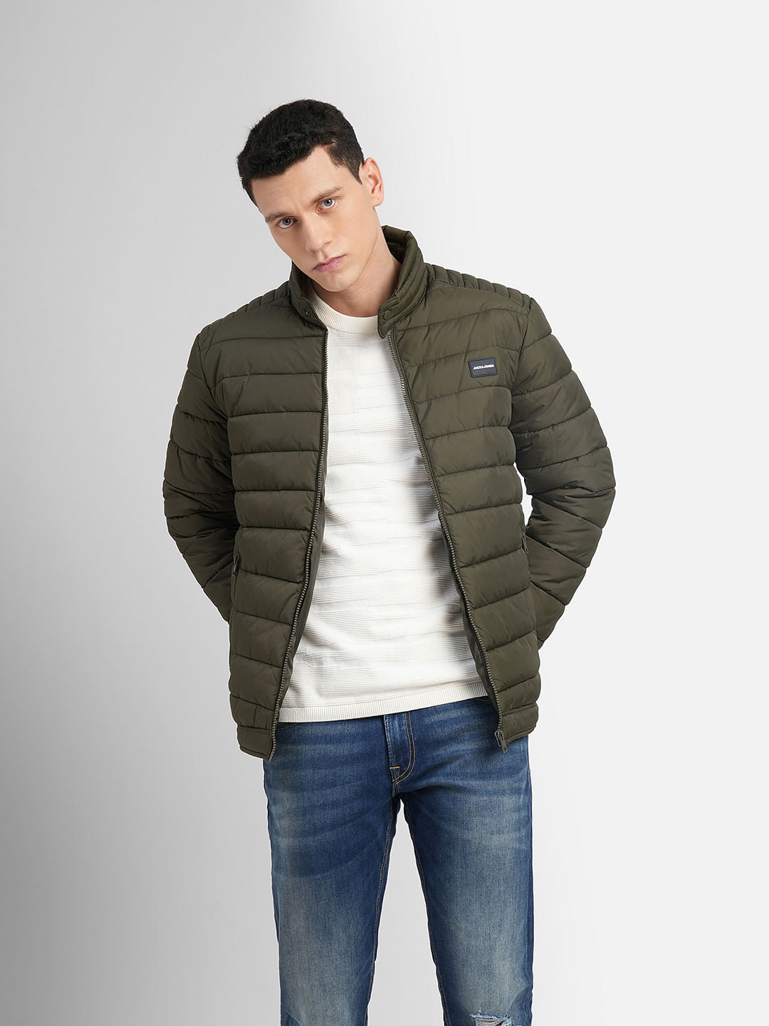 Olive High Neck Puffer Jacket