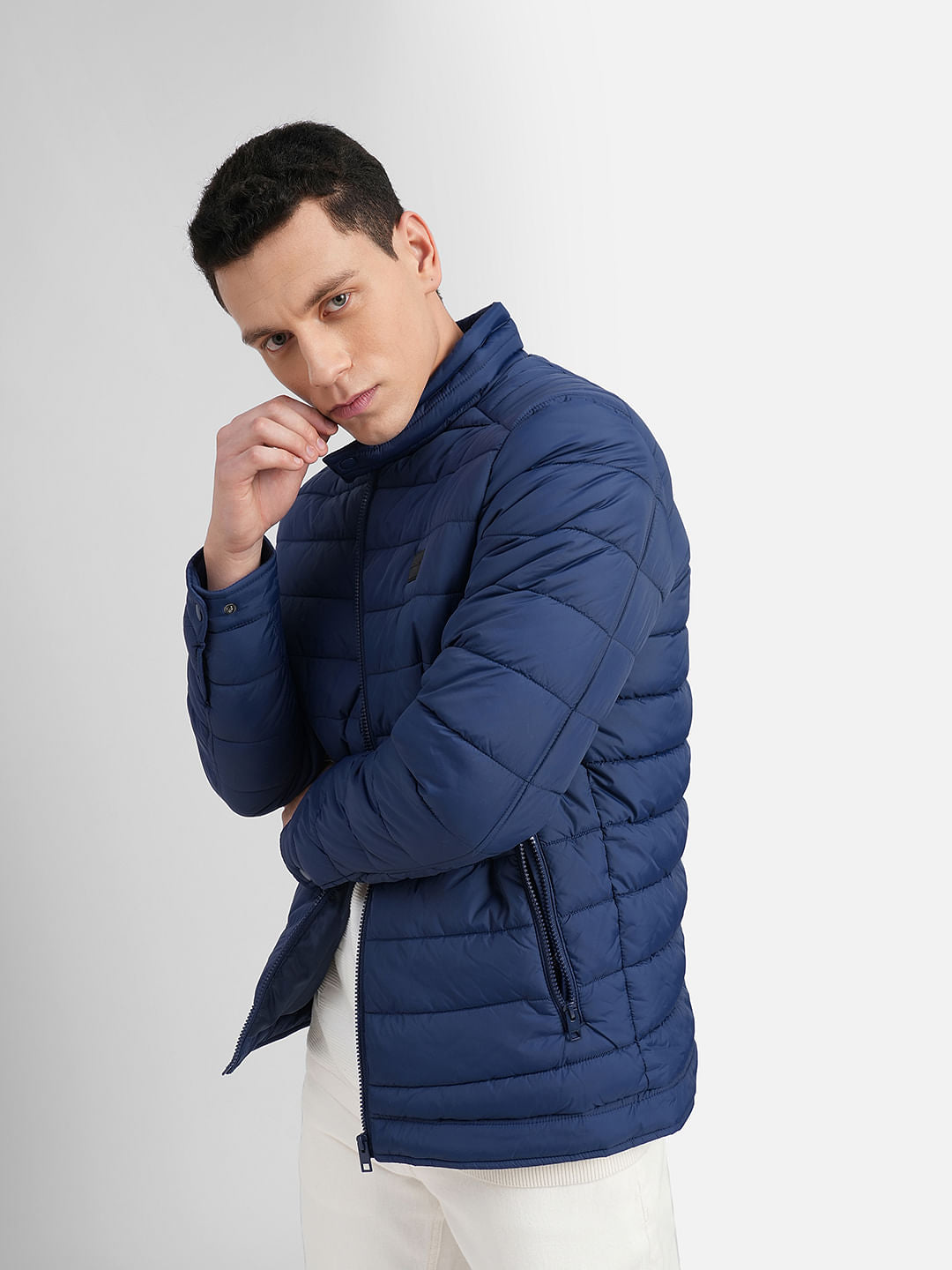 Navy Blue High Neck Puffer Jacket - S