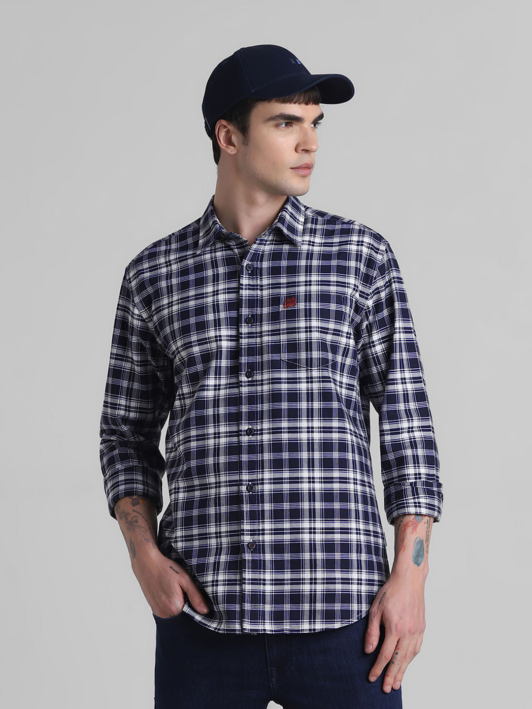 Navy Blue Check Print Full Sleeves Shirt - S