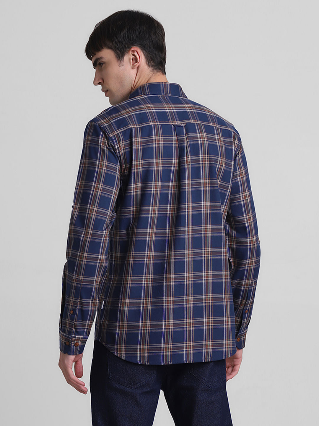 Navy Blue Check Print Full Sleeves Shirt