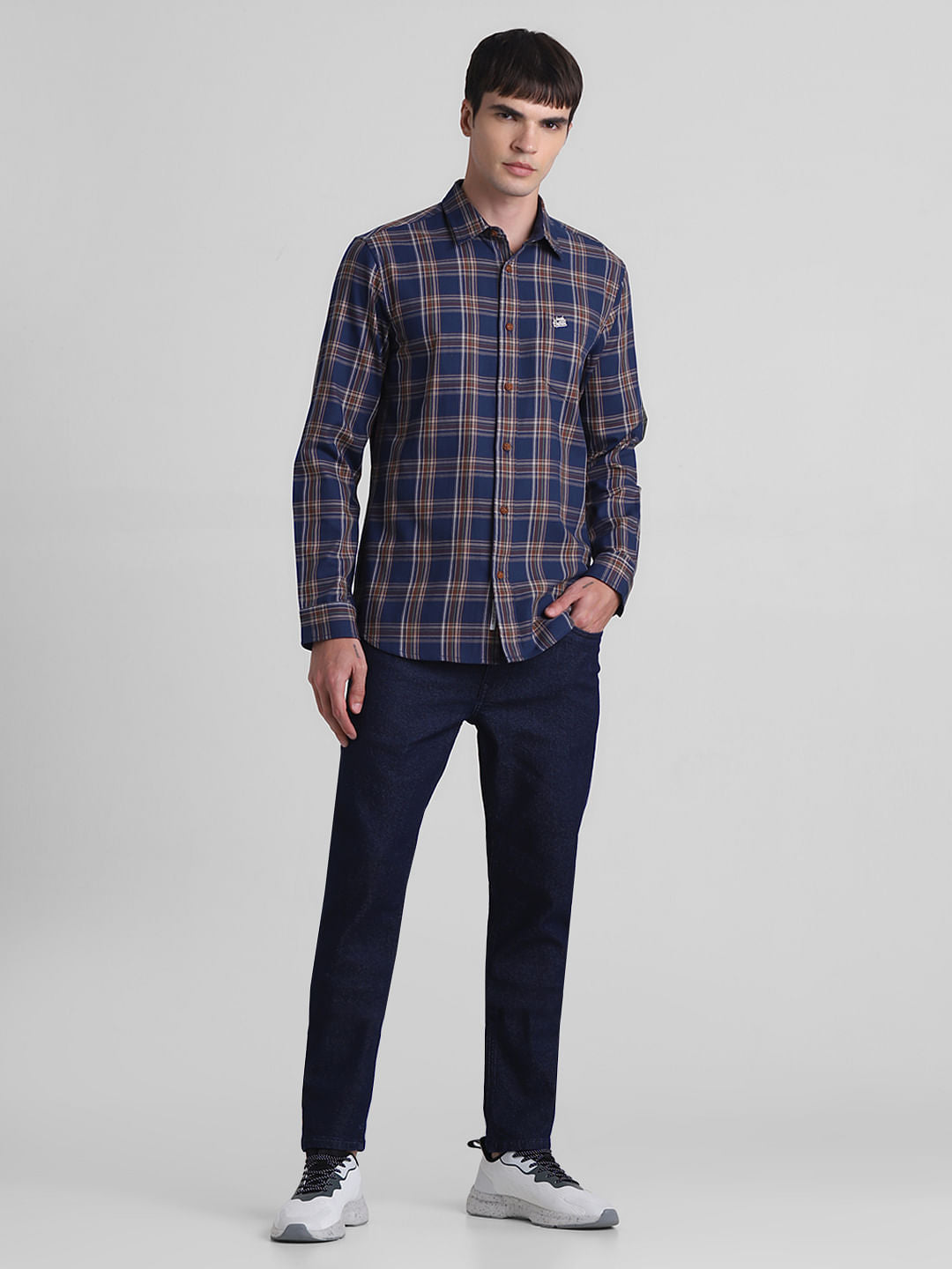 Navy Blue Check Print Full Sleeves Shirt
