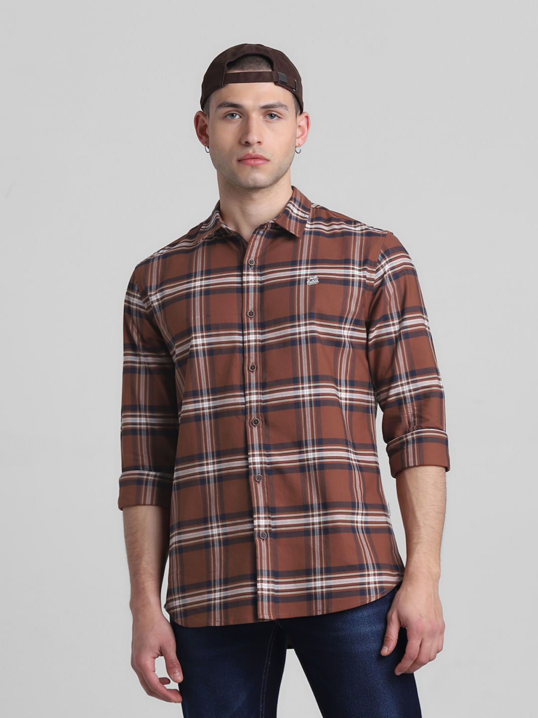 Brown Check Print Full Sleeves Shirt - XL