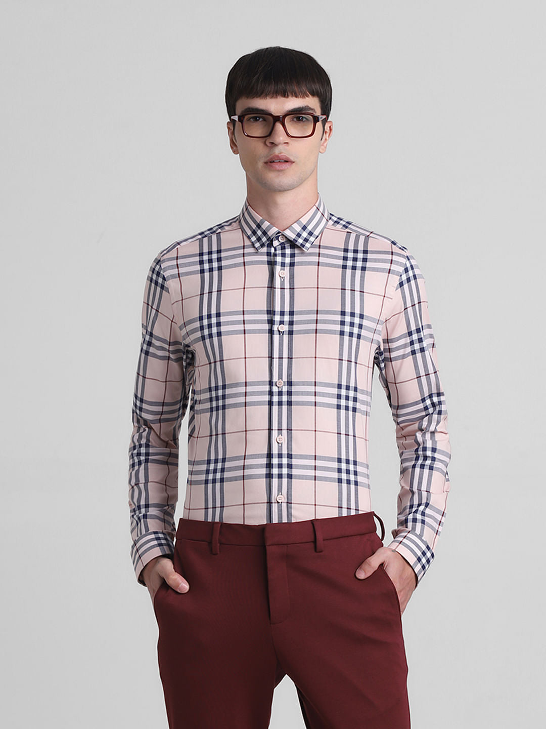 Peach Check Full Sleeves Shirt - M