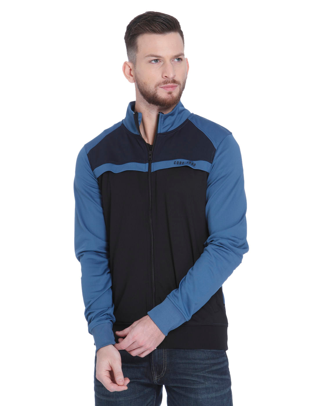 Blue High Neck Zip Up Sweatshirt - S