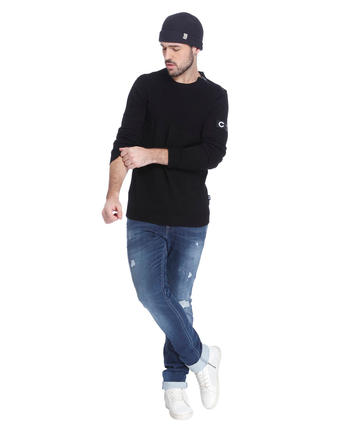 Black Shoulder Zip Knit Pullover - S