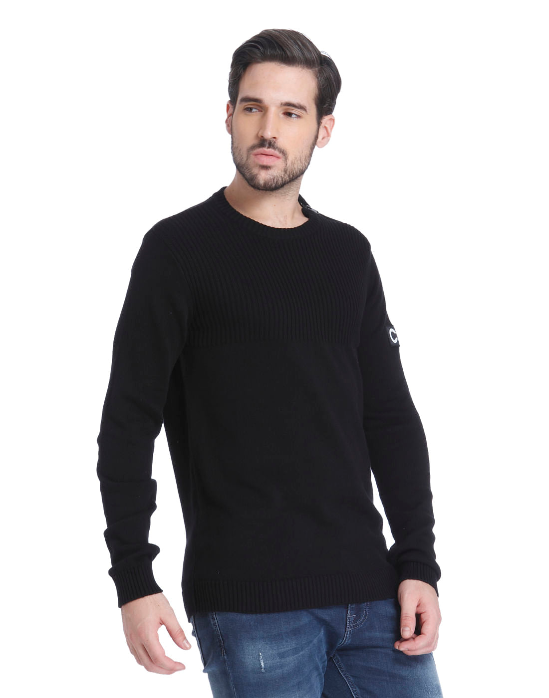 Black Shoulder Zip Knit Pullover