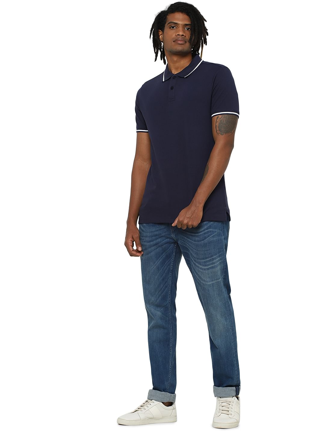Dark Blue Contrast Tipping Polo Neck T-shirt