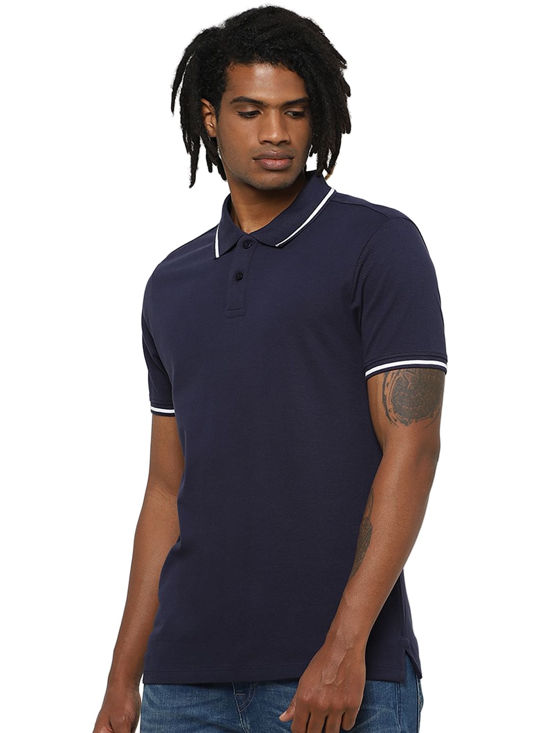 Dark Blue Contrast Tipping Polo Neck T-shirt