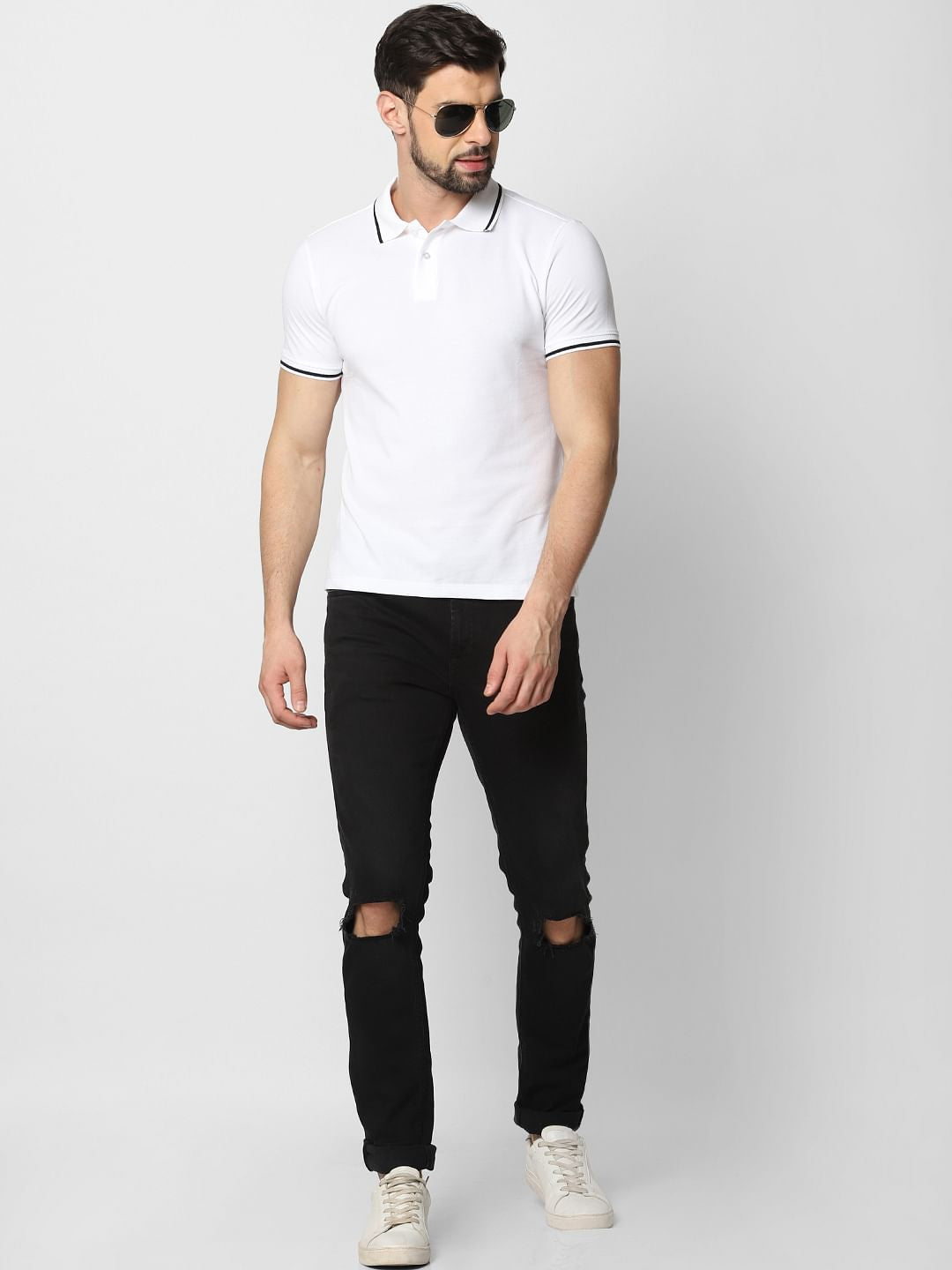 White Contrast Tipping Polo T-Shirt - S