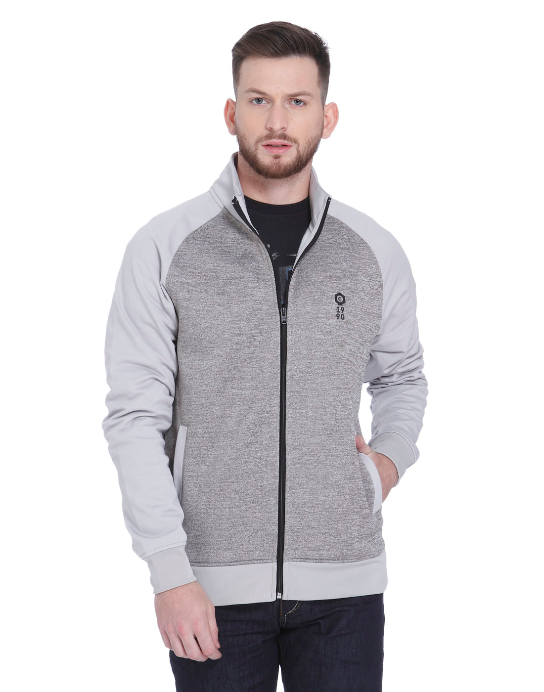 Grey High Neck Zip Up Sweatshirt - S