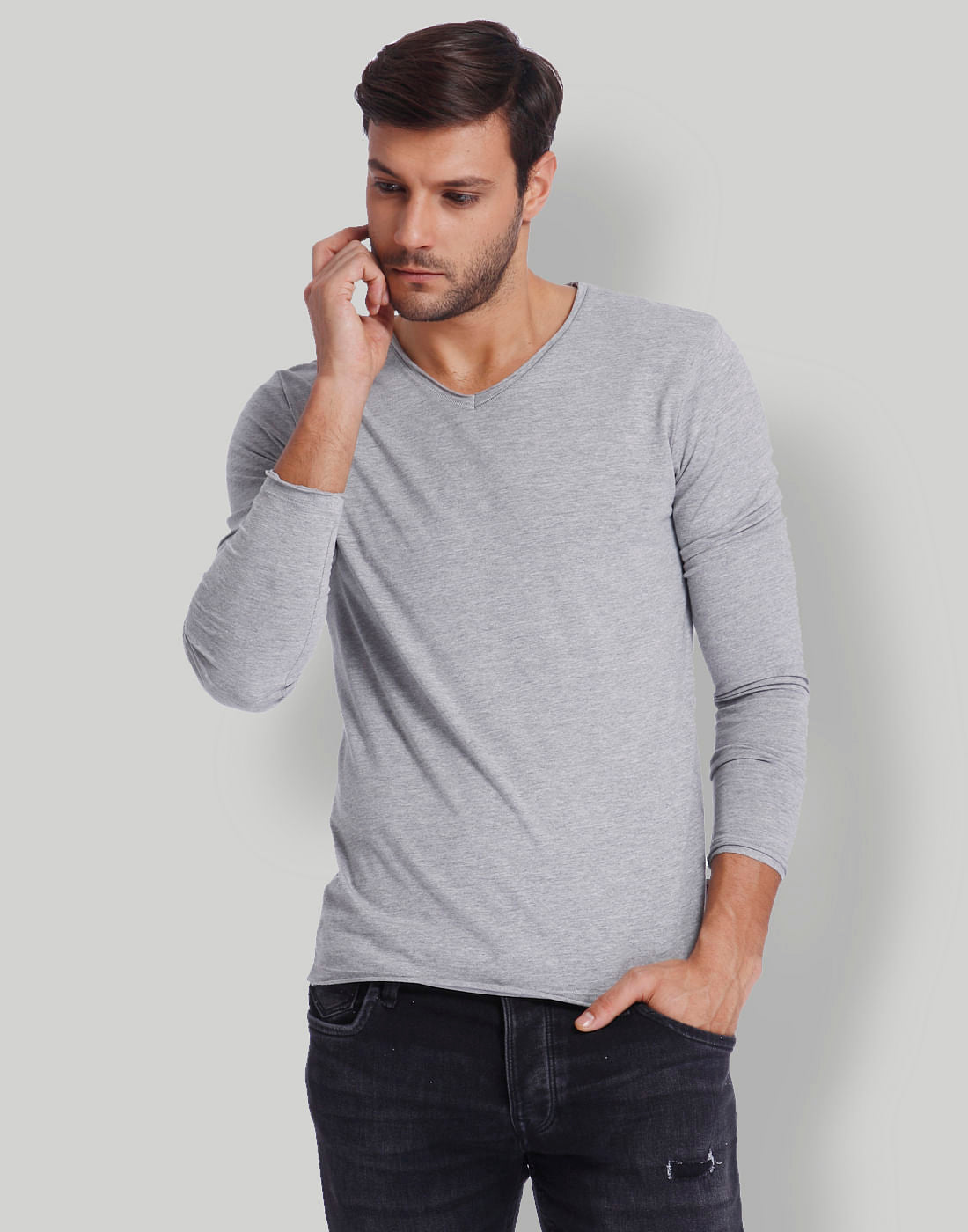 Light Grey V-Neck T-Shirt - S