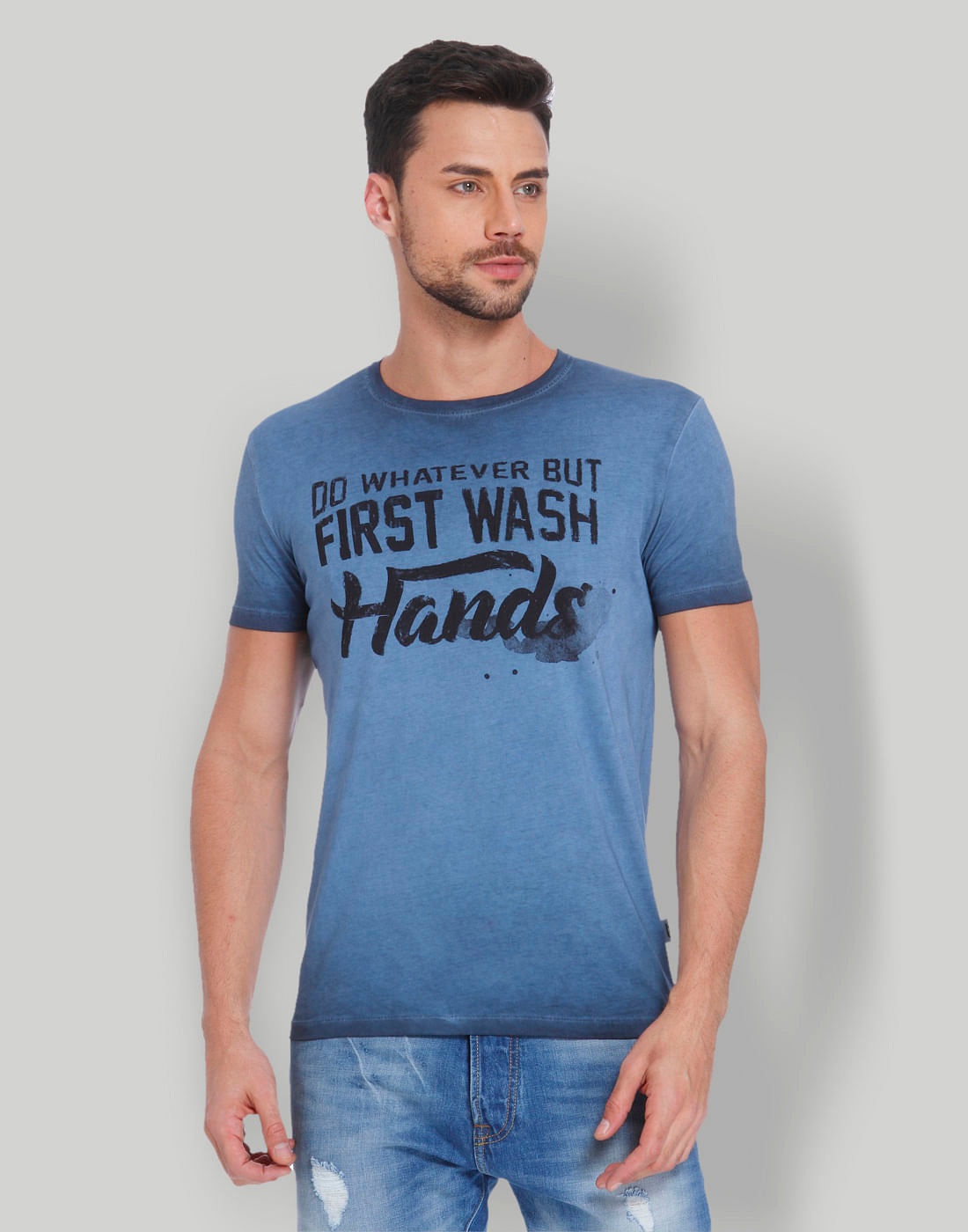 Blue Typographic Print Crew Neck T-Shirt