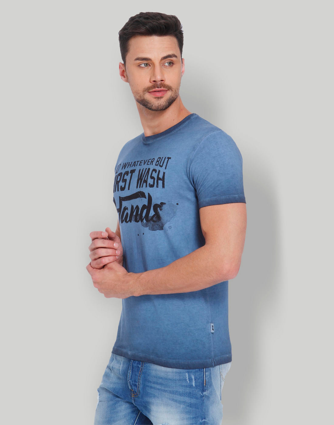 Blue Typographic Print Crew Neck T-Shirt