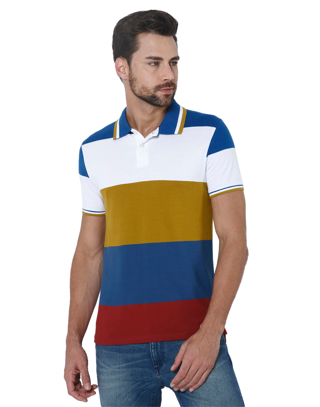 White Colourblocked Polo Neck T-Shirt - S