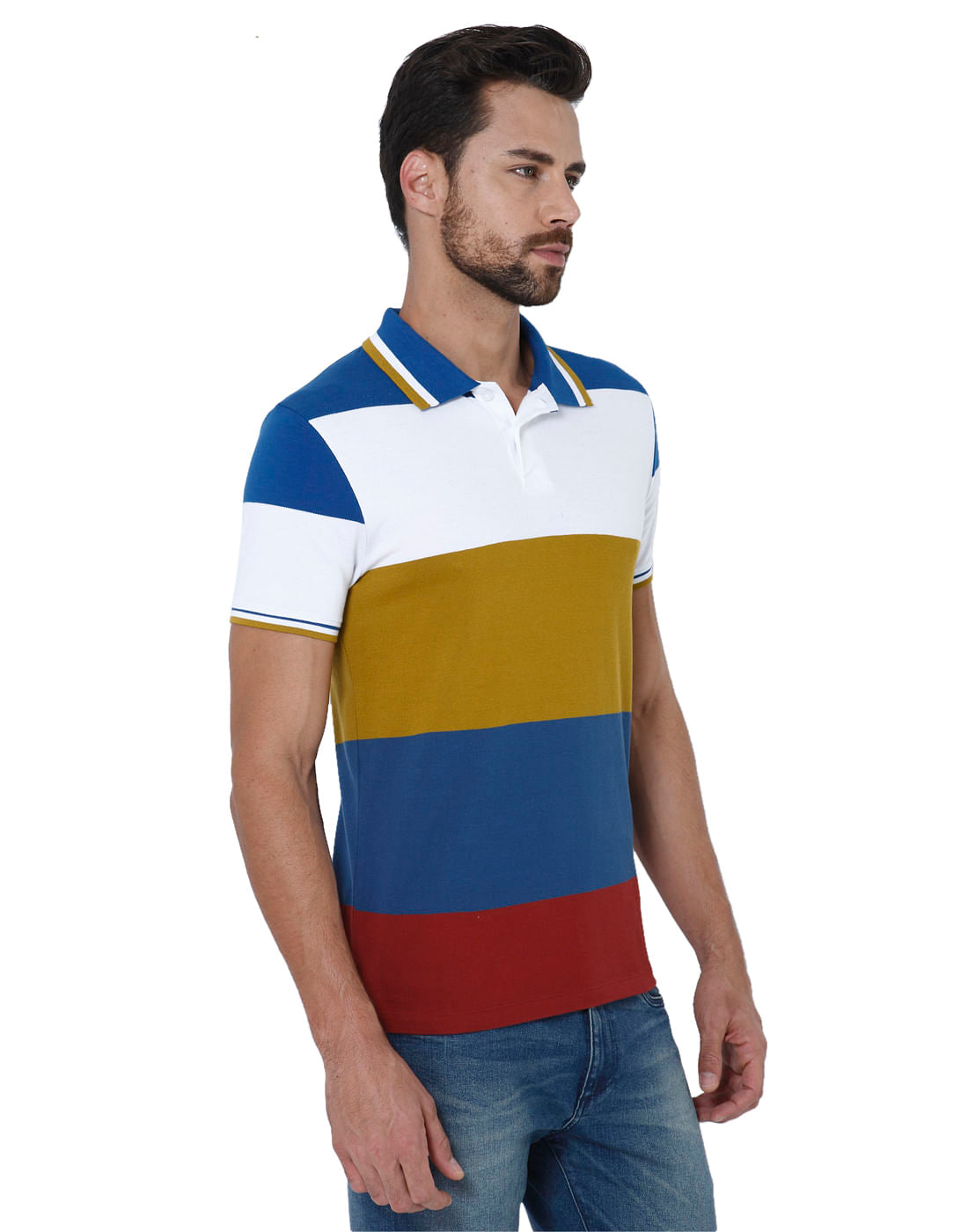 White Colourblocked Polo Neck T-Shirt
