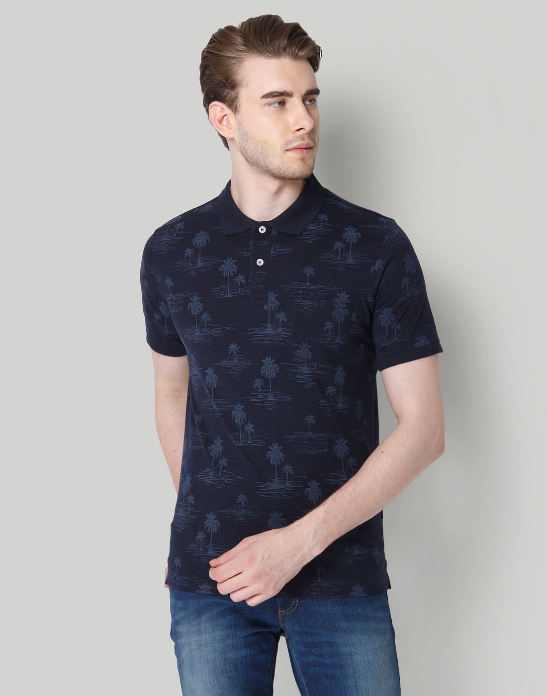 Navy Blue All Over Print Polo Neck T-Shirt