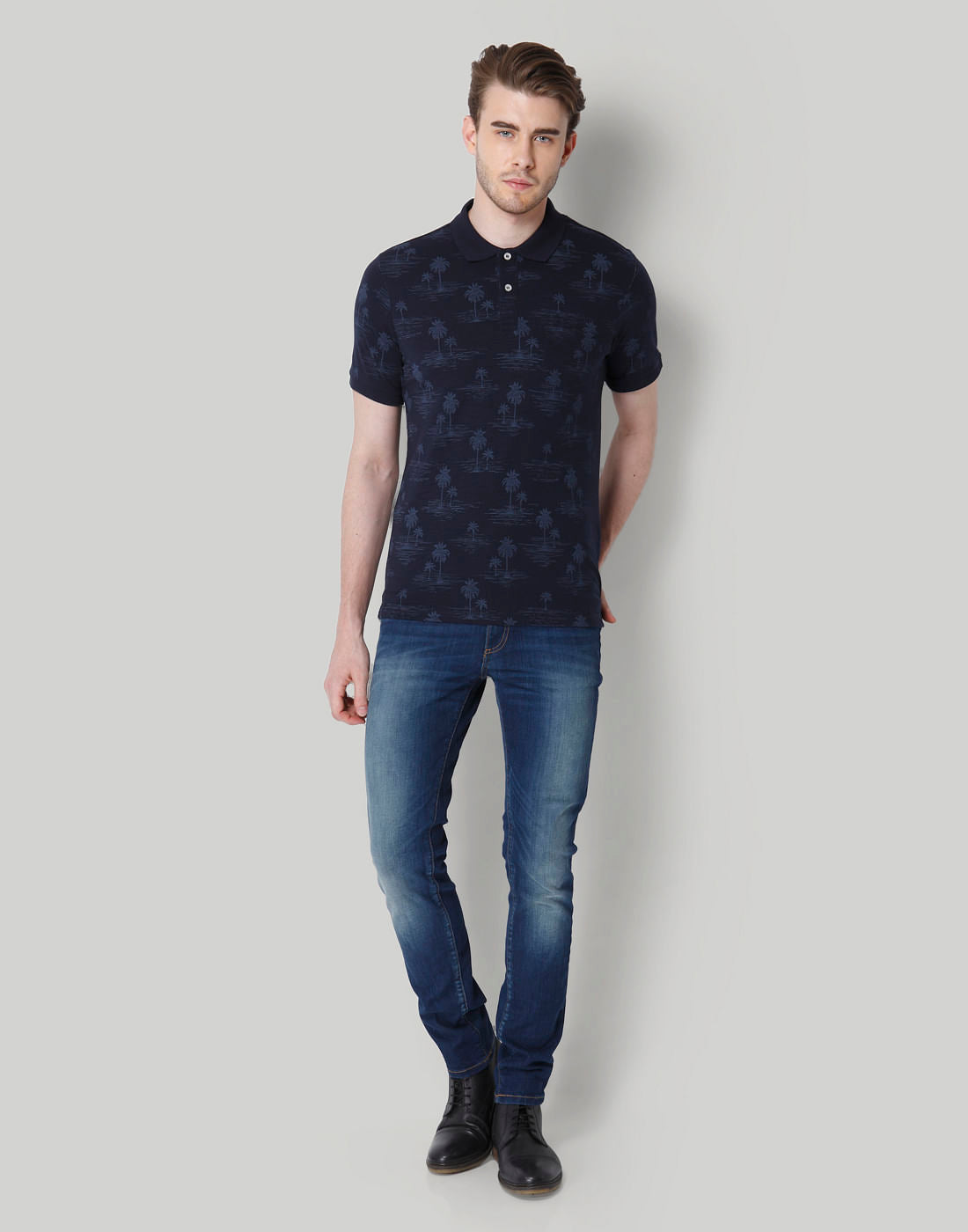 Navy Blue All Over Print Polo Neck T-Shirt