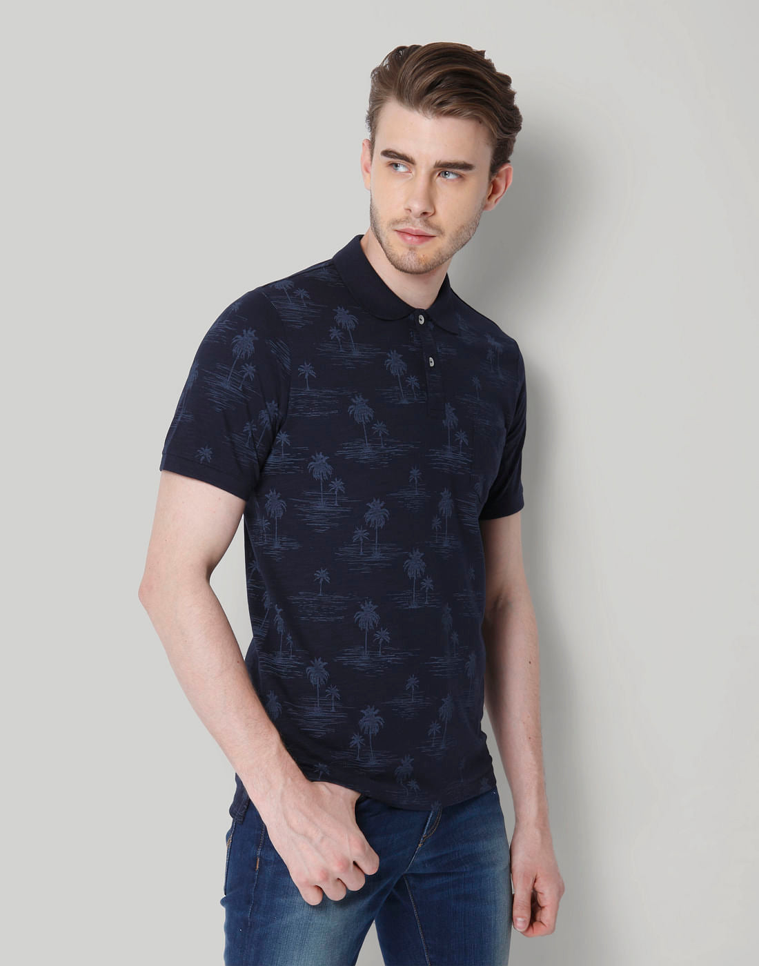 Navy Blue All Over Print Polo Neck T-Shirt