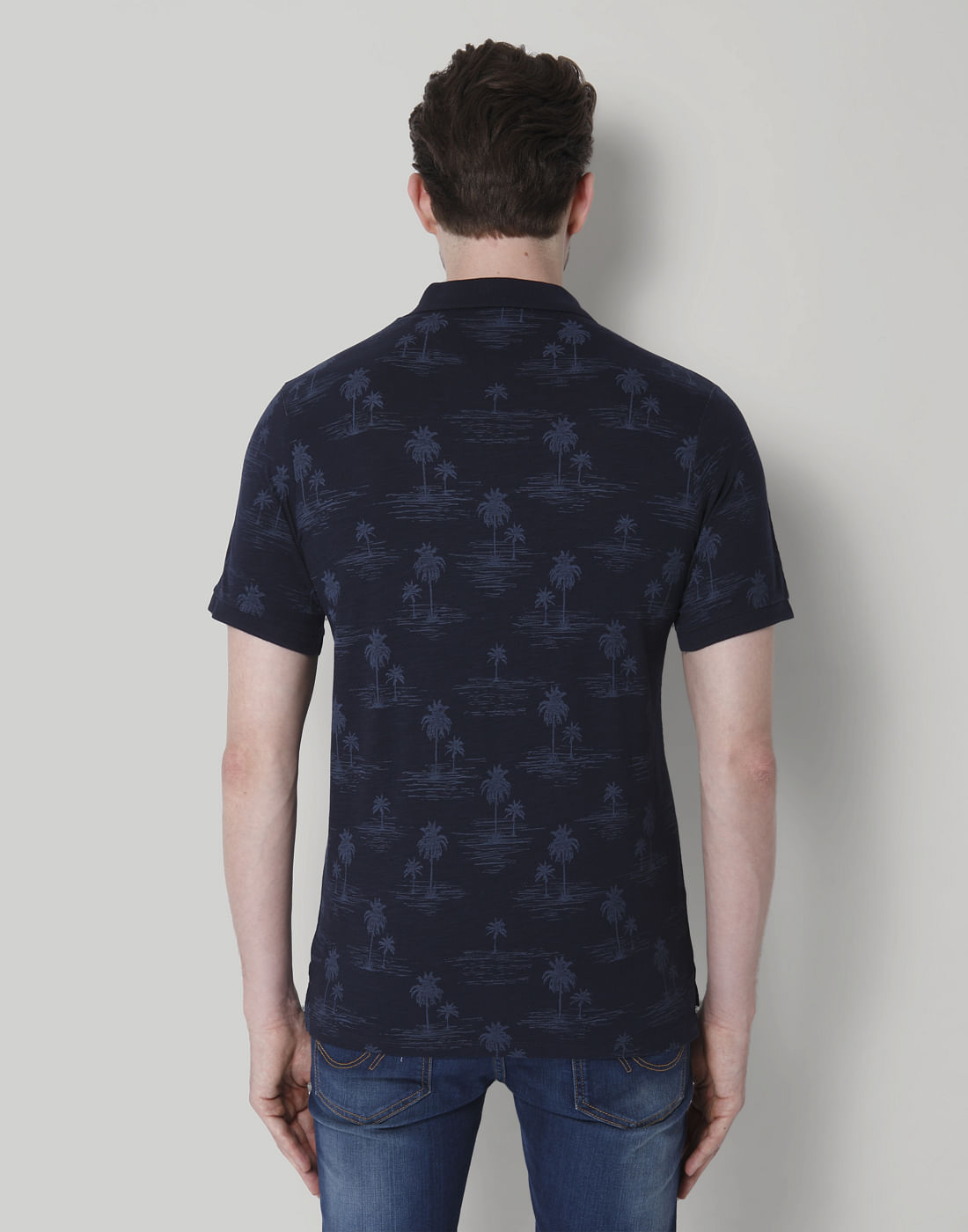 Navy Blue All Over Print Polo Neck T-Shirt