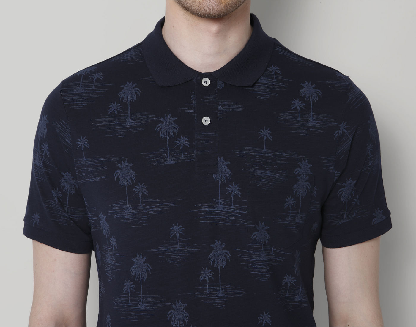 Navy Blue All Over Print Polo Neck T-Shirt