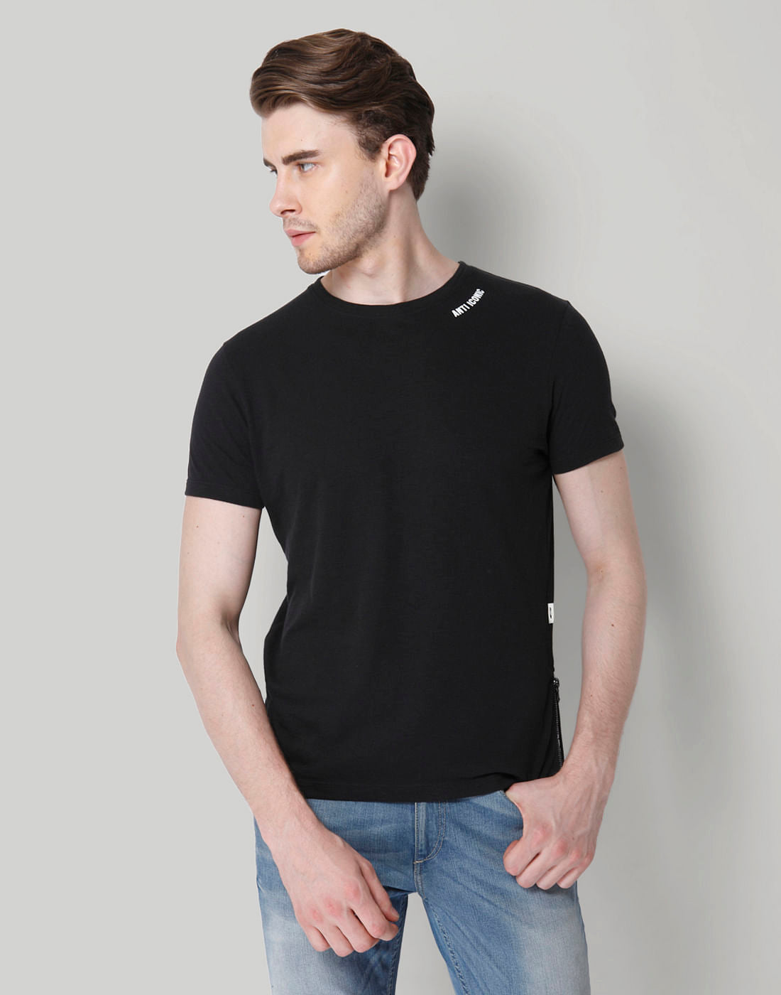 Black Text Print Crew Neck T-Shirt - S