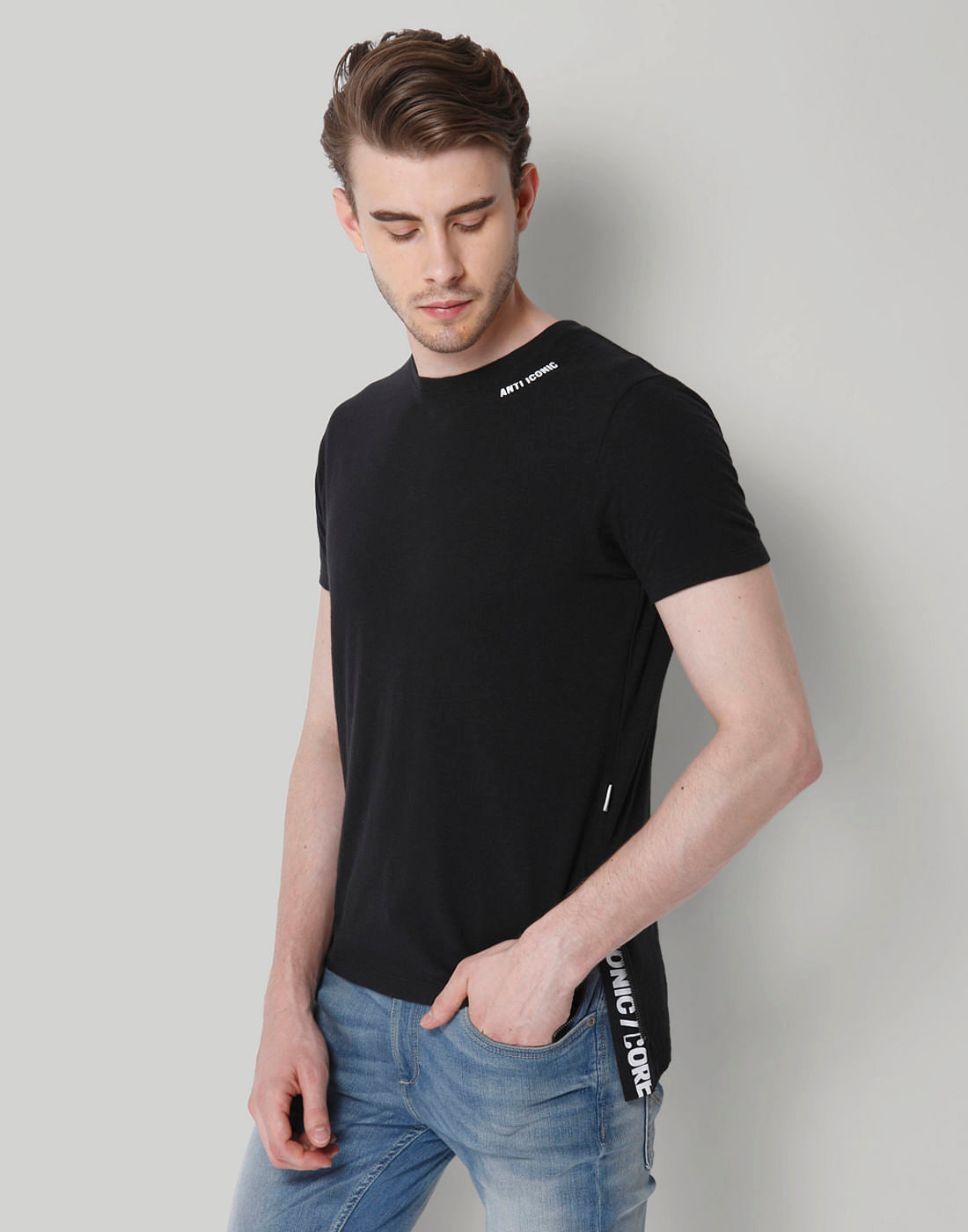Black Text Print Crew Neck T-Shirt