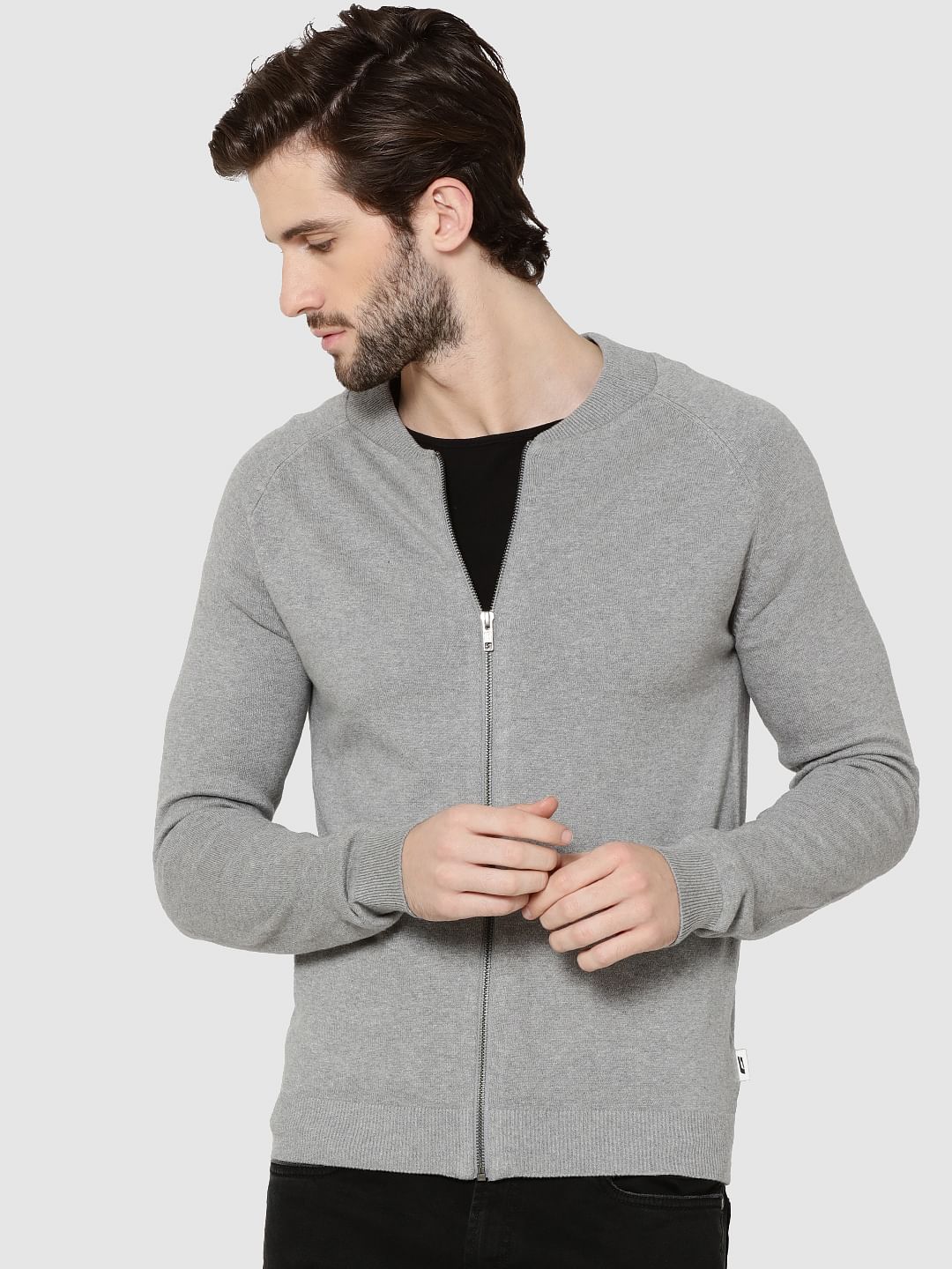Grey Zip Up Knit Cardigan - S