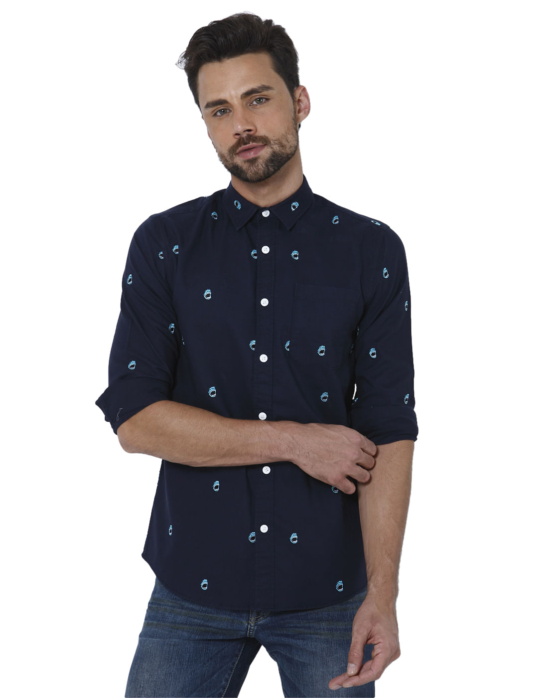 Blue All Over Print Full Sleeves Shirt - S