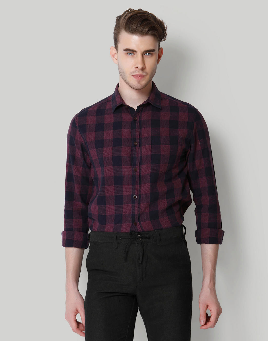 Navy Blue Check Full Sleeves Shirt - S