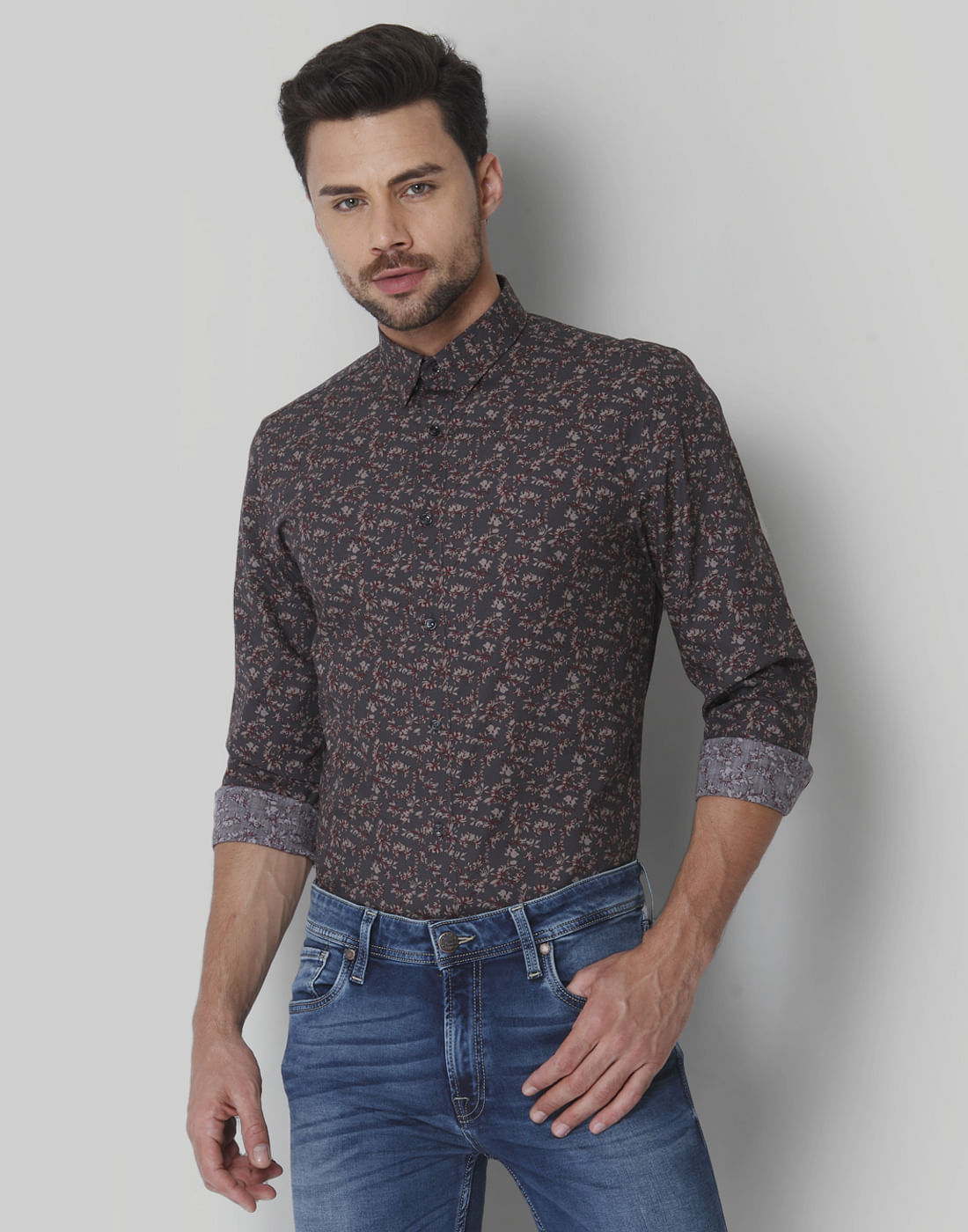 Grey All Over Print Full Sleeves Shirt - S