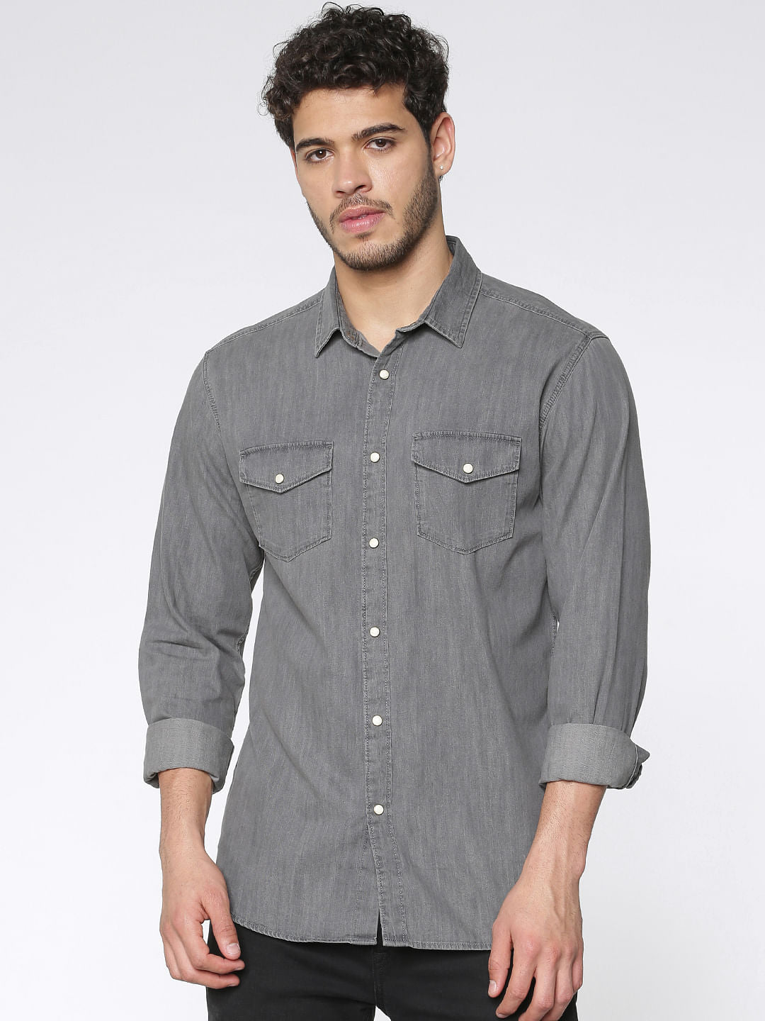 Grey Slim Fit Full Sleeves Denim Shirt - S