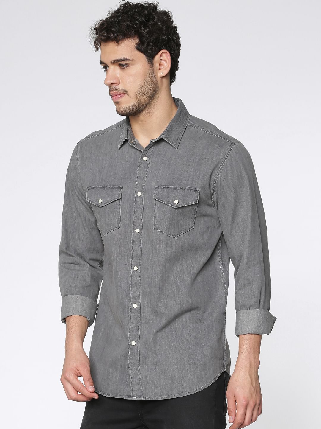 Grey Slim Fit Full Sleeves Denim Shirt