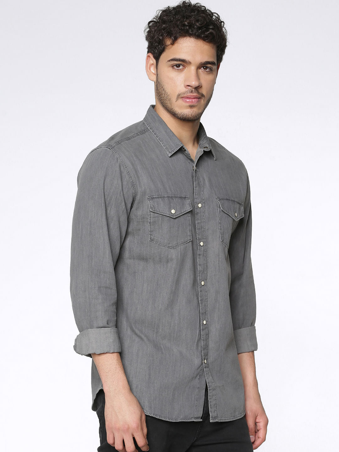 Grey Slim Fit Full Sleeves Denim Shirt