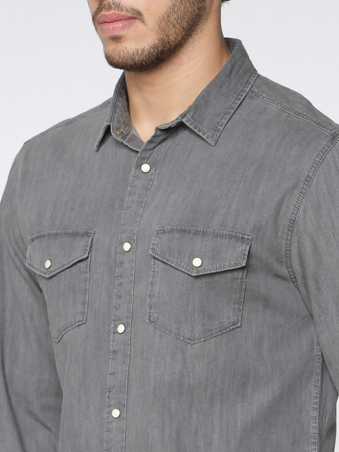 Grey Slim Fit Full Sleeves Denim Shirt