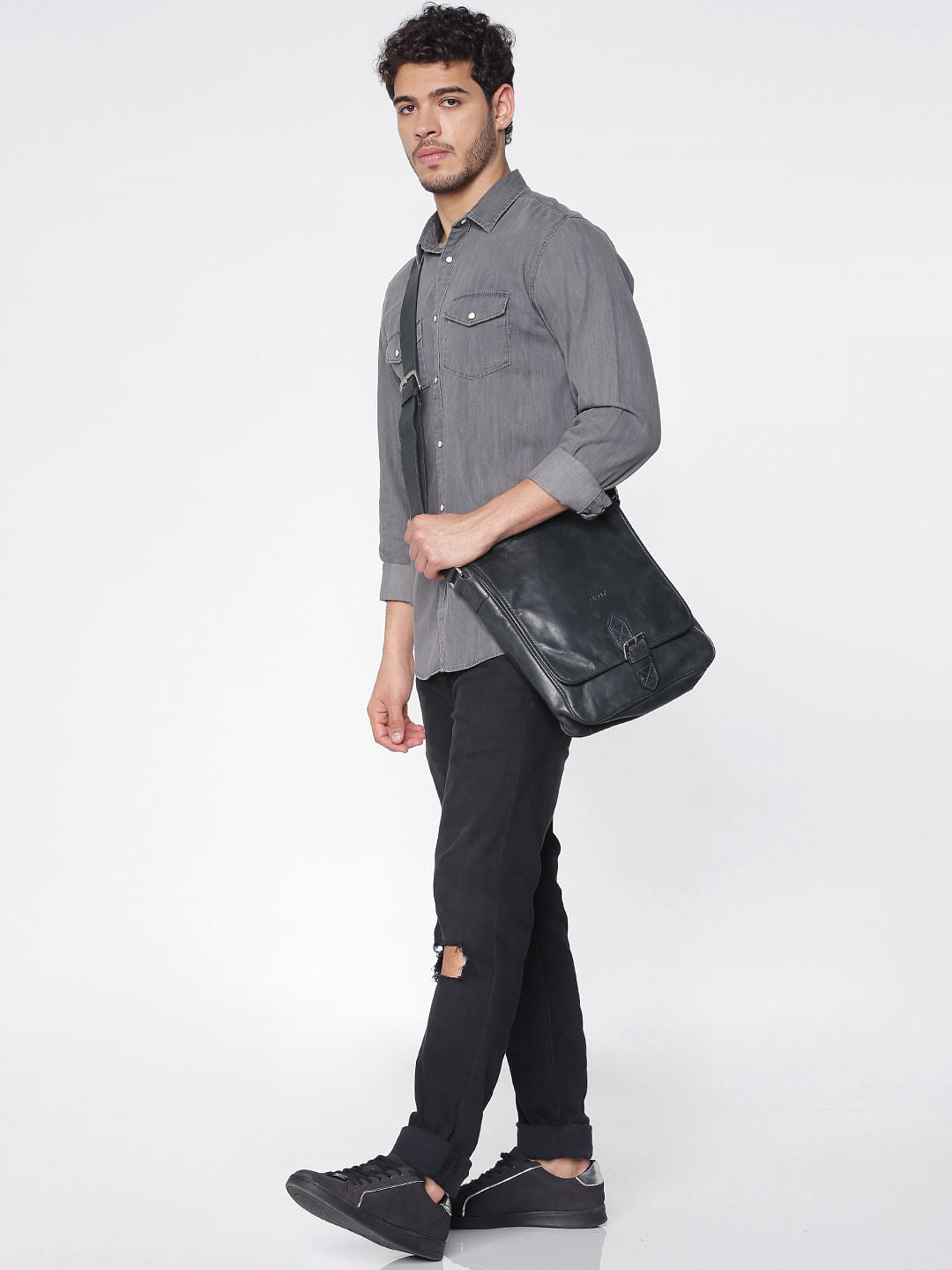 Grey Slim Fit Full Sleeves Denim Shirt