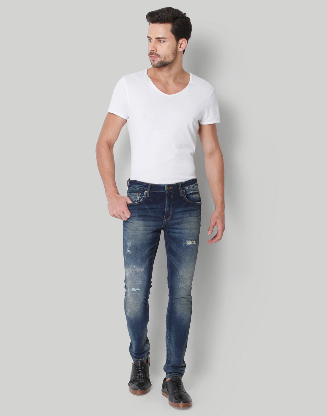 Blue Low Rise Distressed Liam Slim Fit Jeans