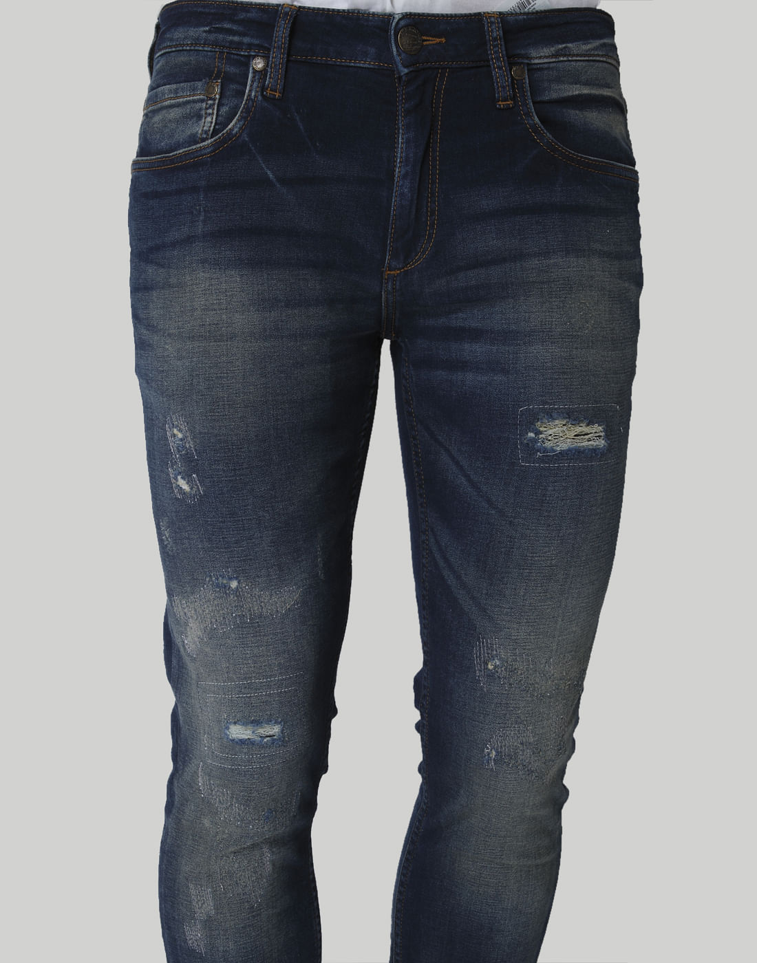 Blue Low Rise Distressed Liam Slim Fit Jeans