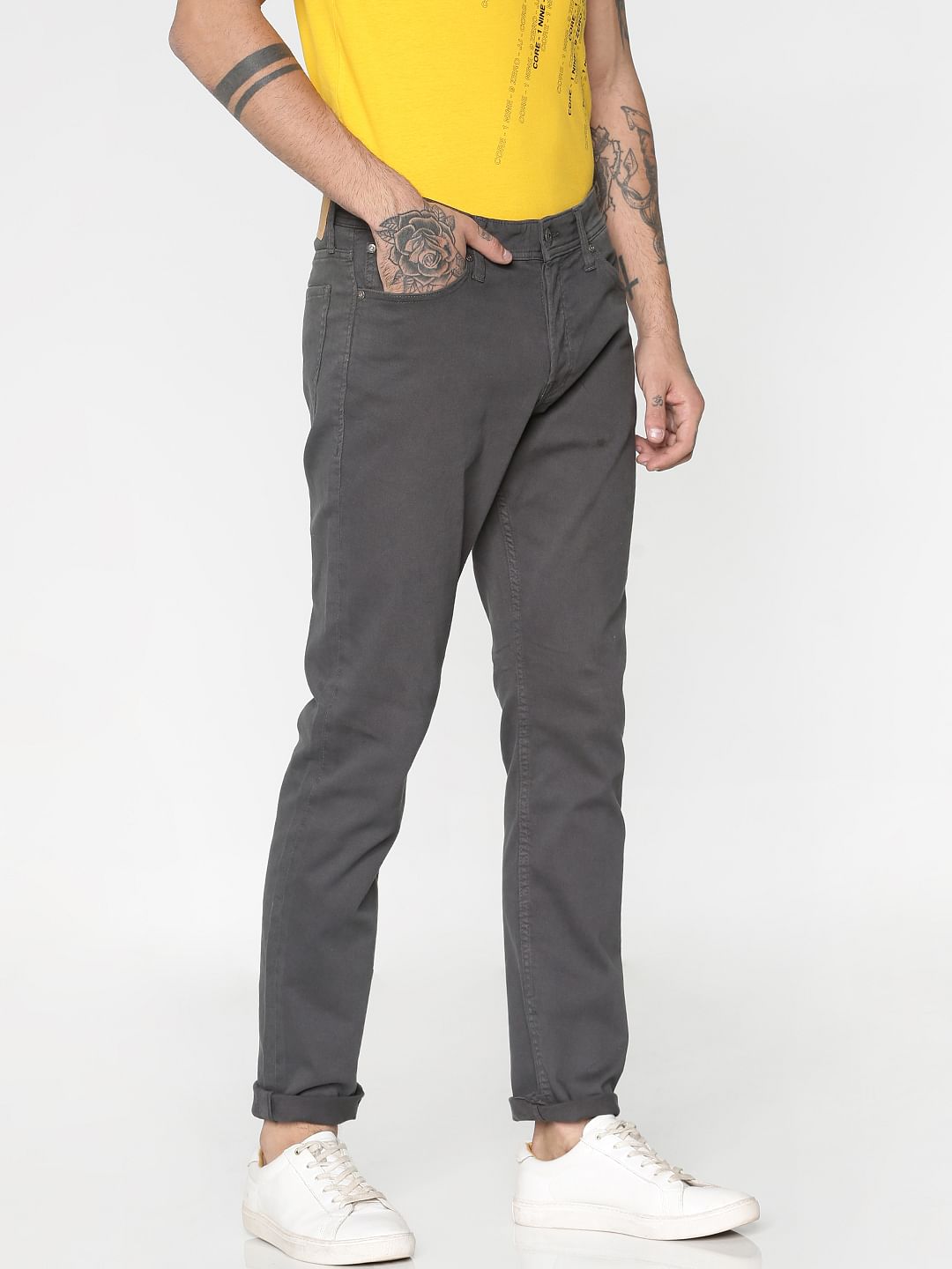 Grey Low Rise Over Dyed Slim Fit Pants