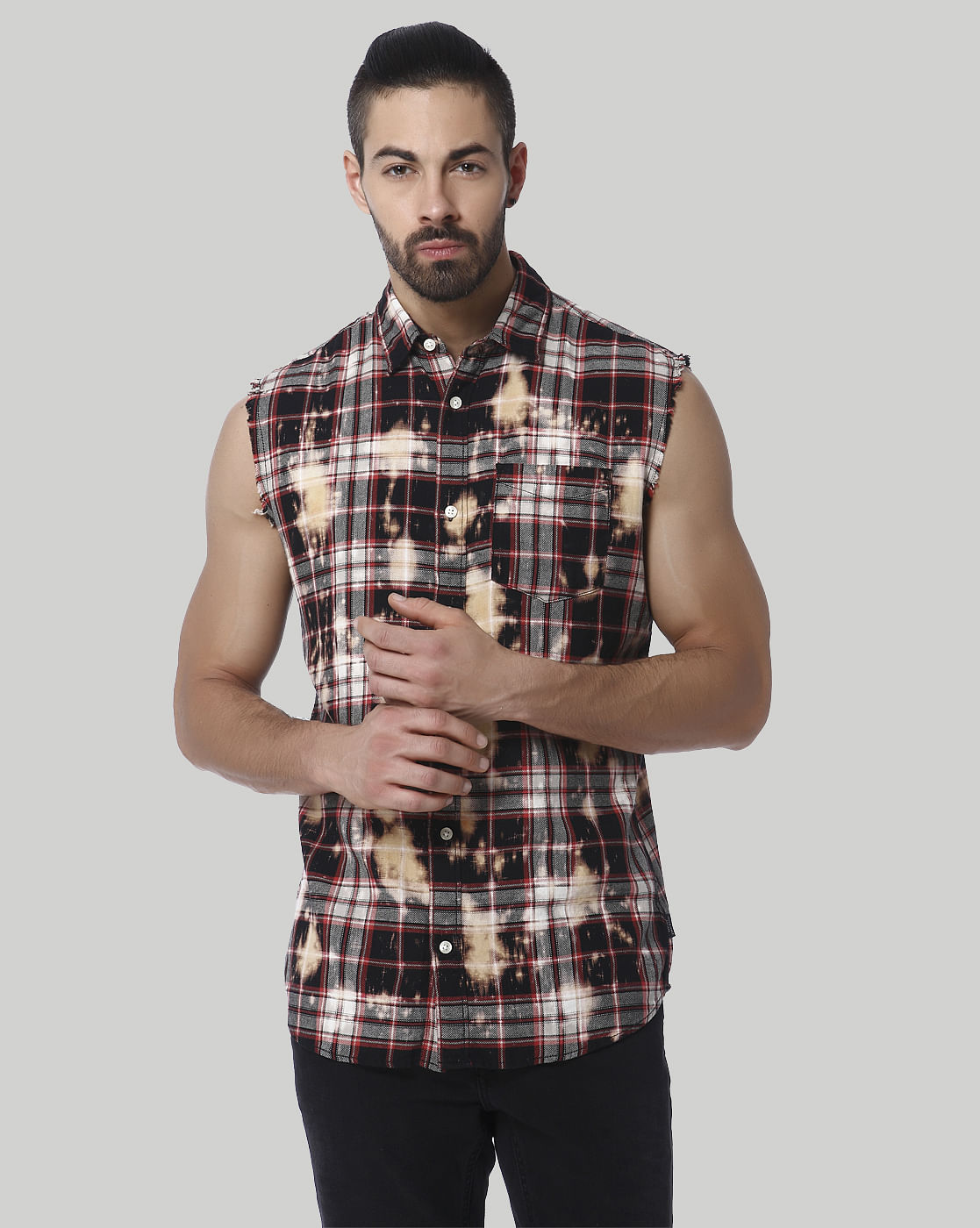 Red Check Sleeveless Shirt - S