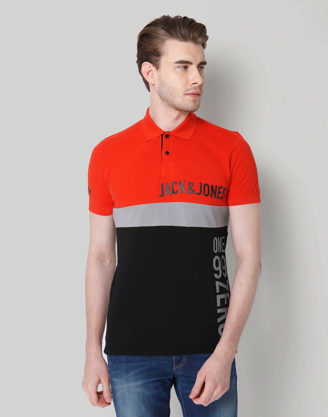 Red Colourblocked Polo Neck T-Shirt - S