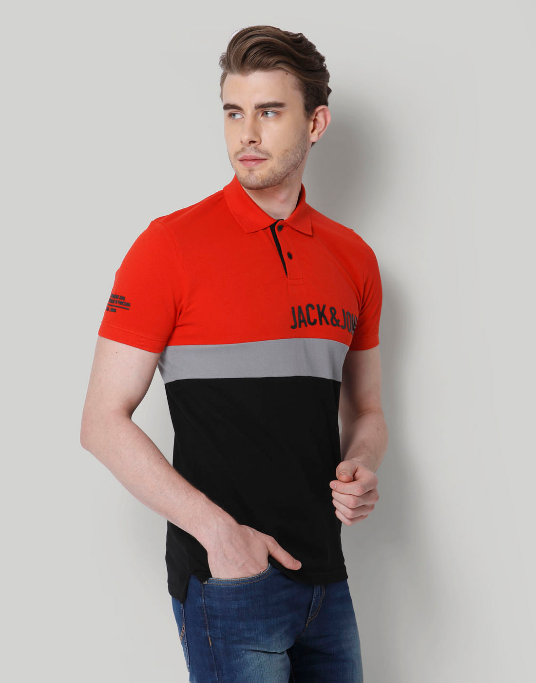 Red Colourblocked Polo Neck  T-Shirt