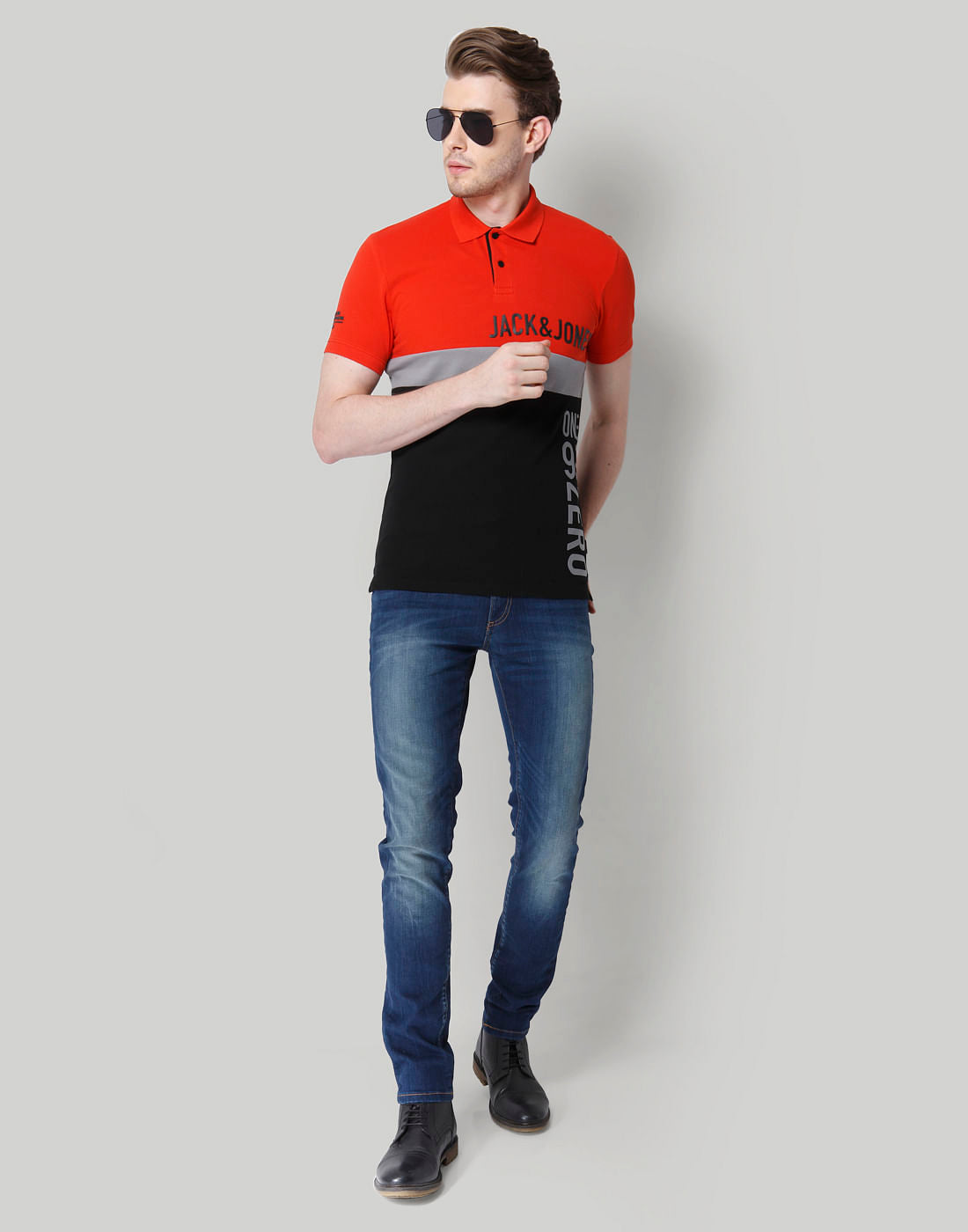 Red Colourblocked Polo Neck  T-Shirt