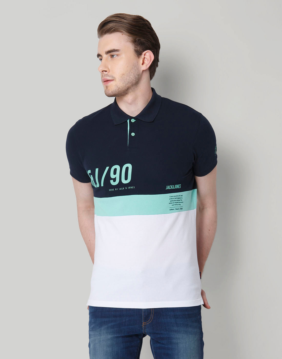Navy Blue Colourblocked Polo Neck T-Shirt - S