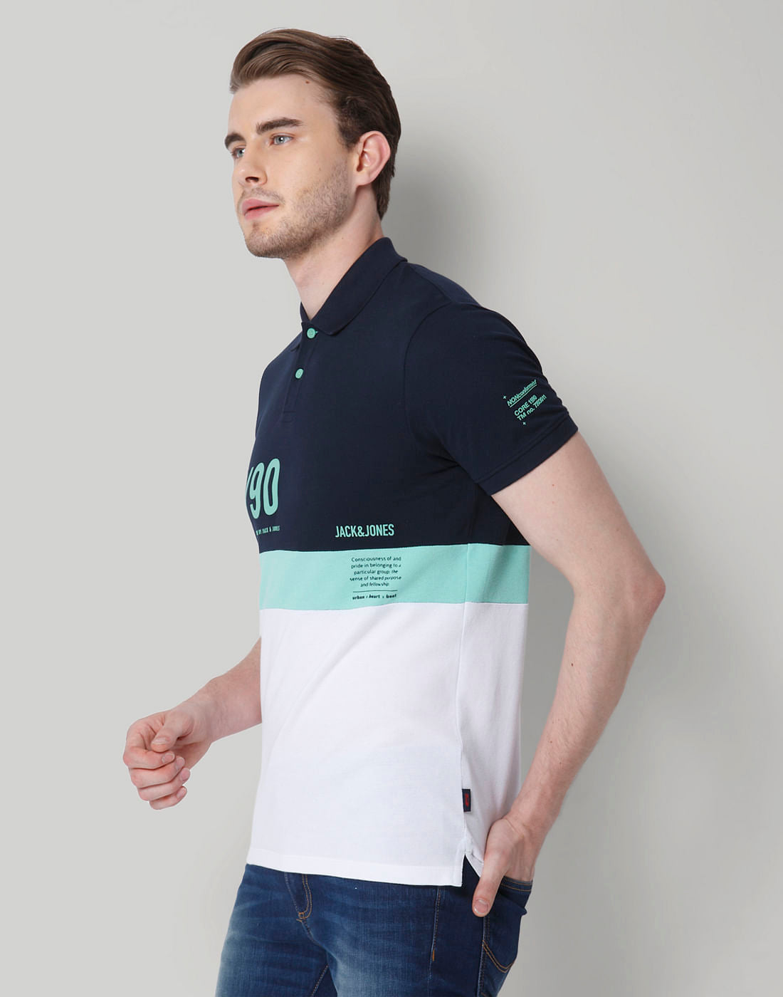 Navy Blue Colourblocked Polo Neck  T-Shirt