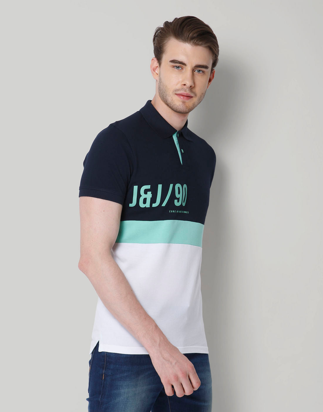 Navy Blue Colourblocked Polo Neck  T-Shirt