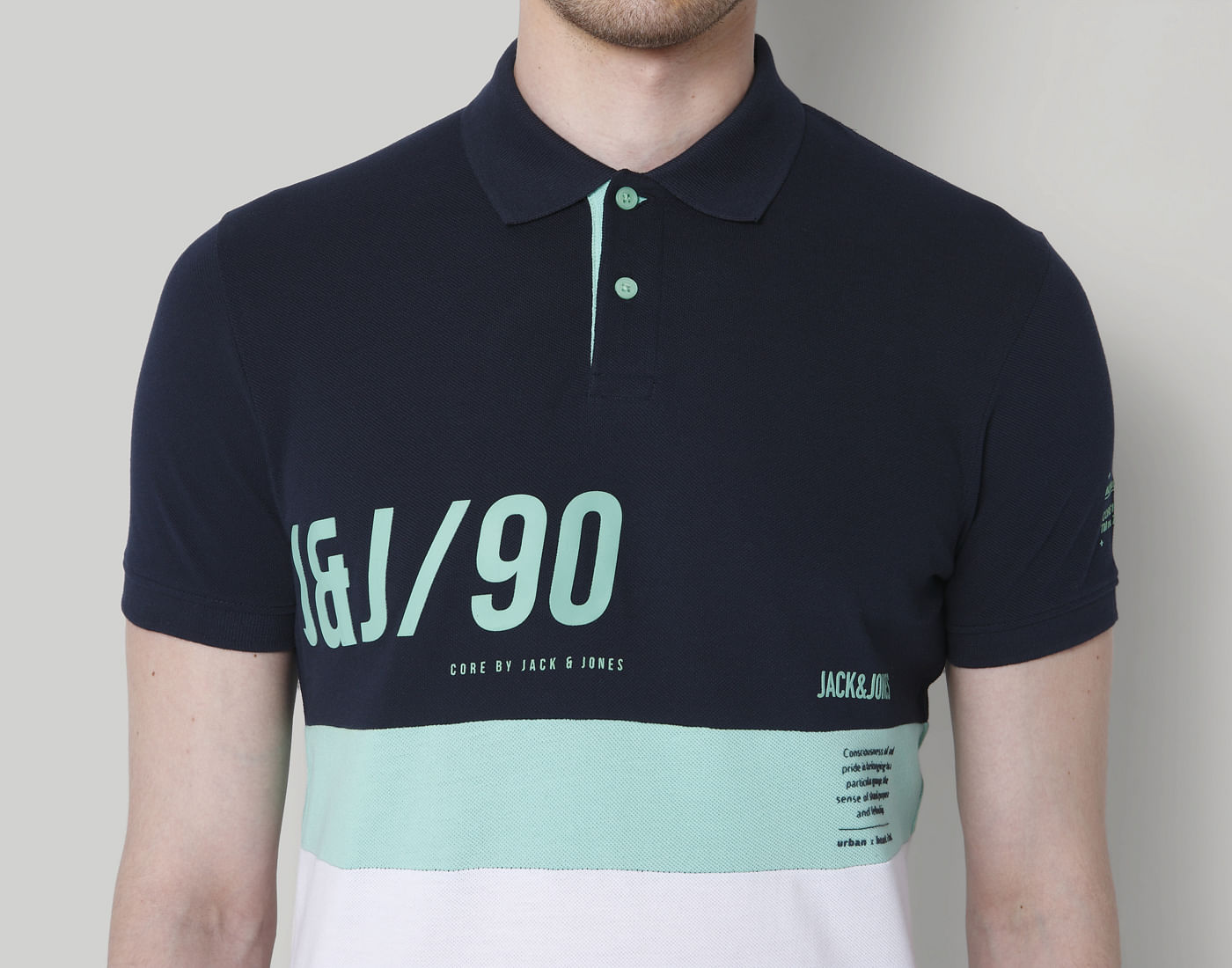 Navy Blue Colourblocked Polo Neck  T-Shirt