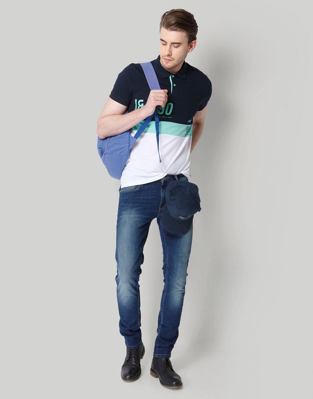 Navy Blue Colourblocked Polo Neck  T-Shirt
