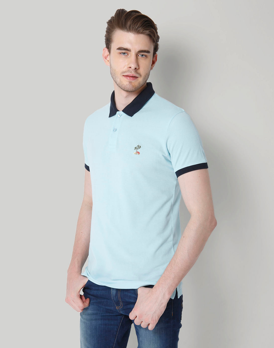 Blue Contrast Tipping Polo Neck T-Shirt - S